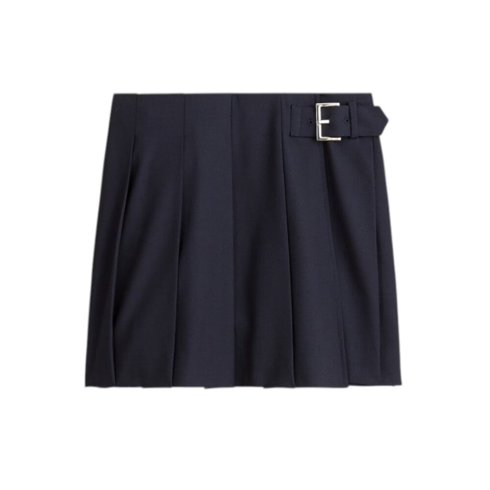 NWT JCrew Pleated Prep Mini Skirt Womens 12 Navy Blue Buckle Wool CP200 NEW